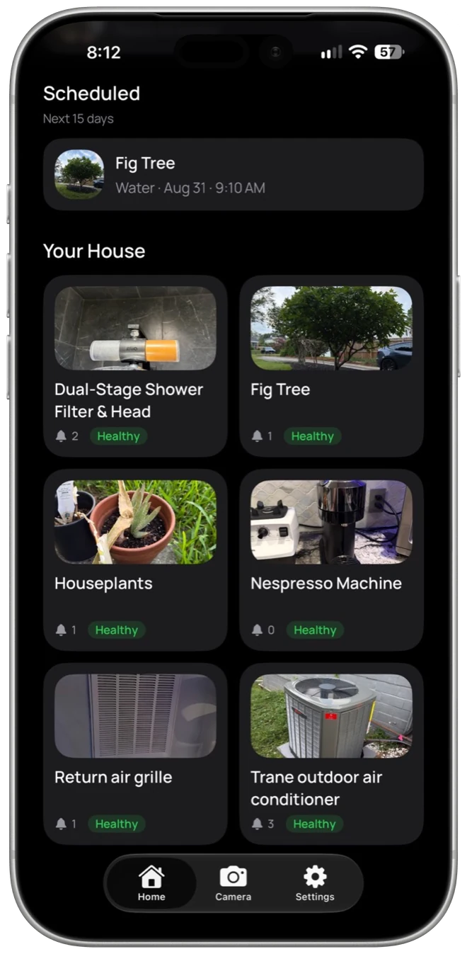 Home’s Scheduled and Your House screen with a fig tree watering reminder and household items