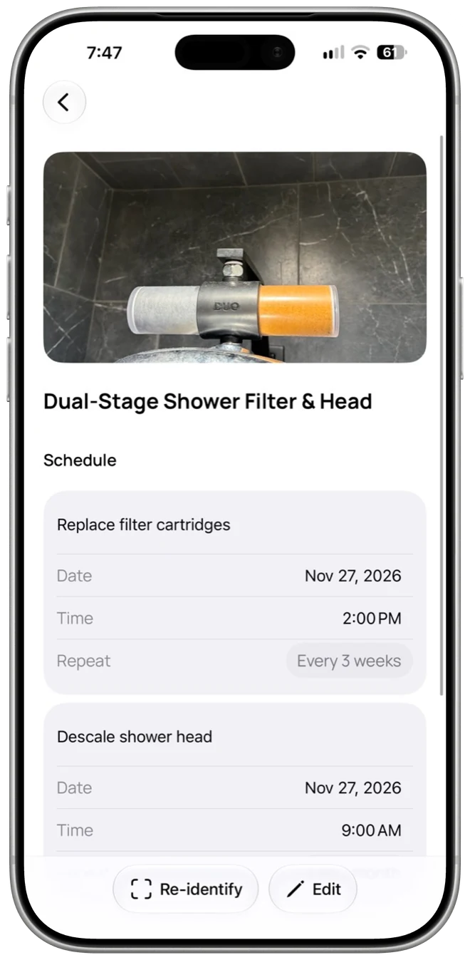 Home item detail showing a shower filter and its filter replacement and descaling schedule